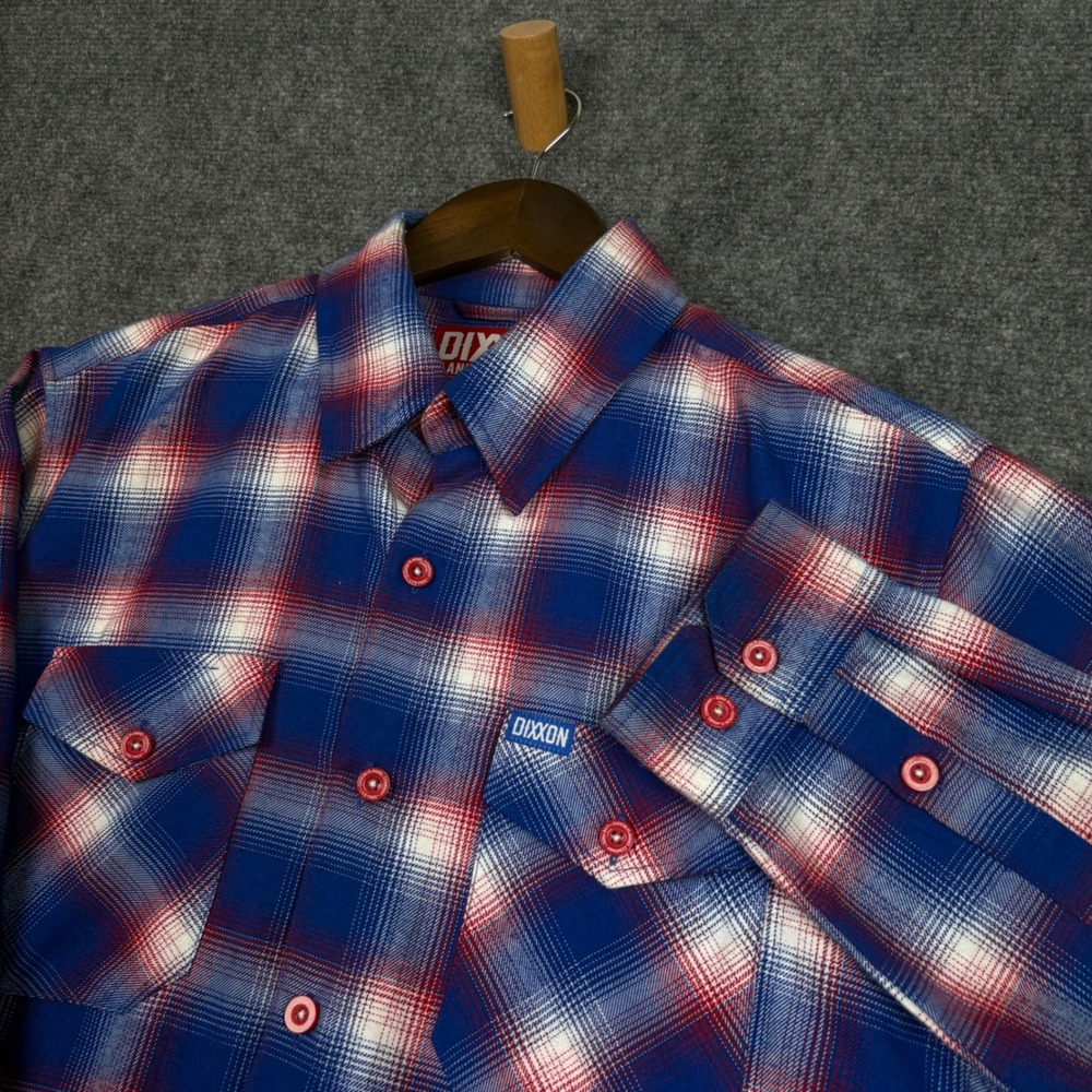 Dixxon Flannel Glory Shirt Mens Large Blue Red White Plaid D-Tech Button Up